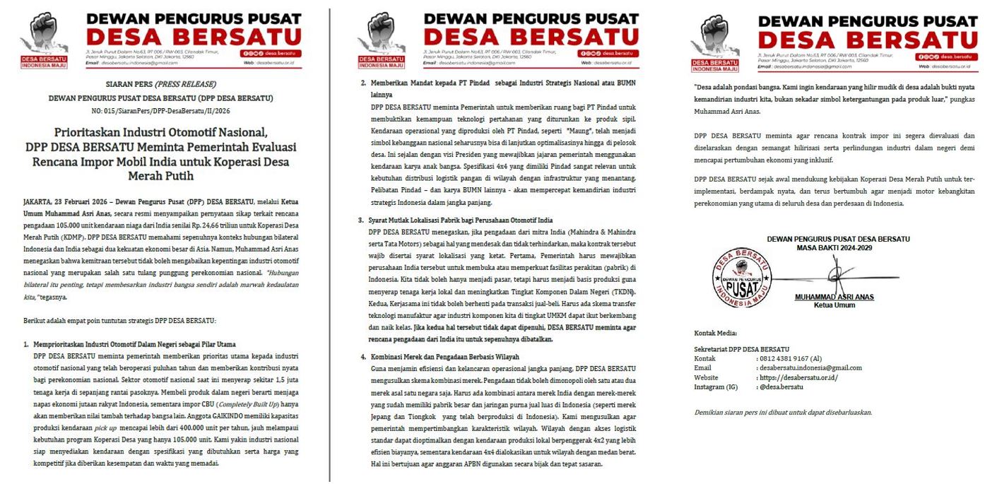 Siaran pers (Press Release) Desa Bersatu Menyikapi Rencana Impor Mobil India untuk Koperasi Desa Merah Putih